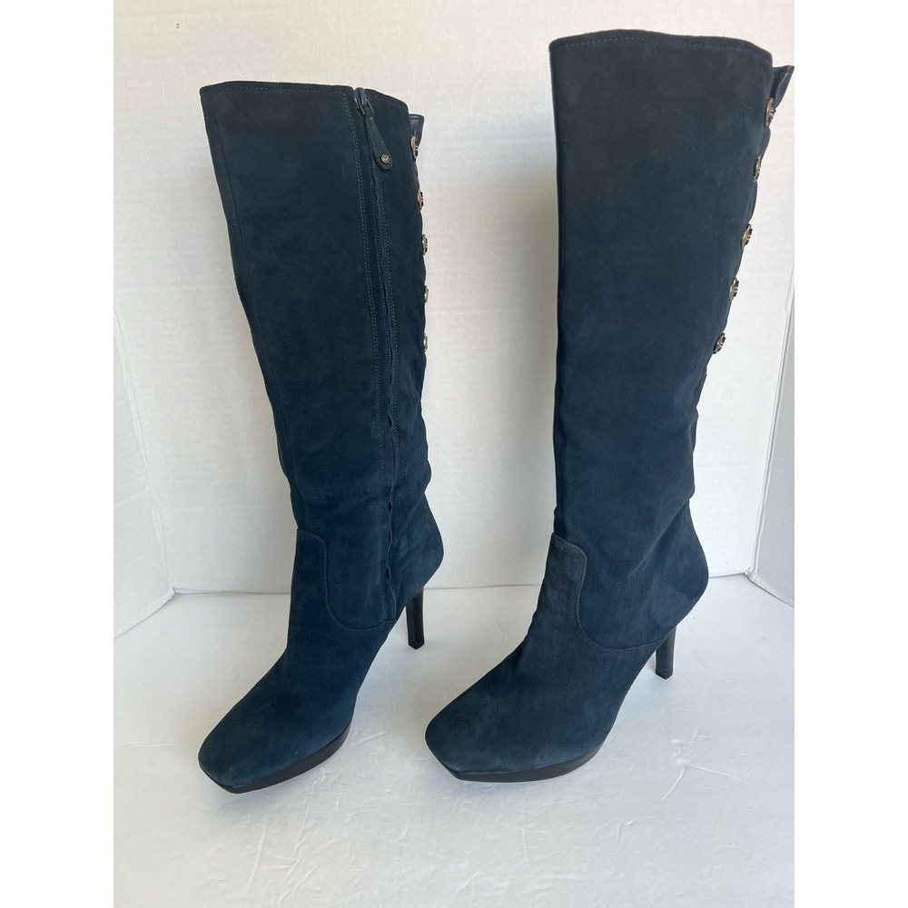Rockport Women's Luciana Suede Navy Blue Corset Knee High Stiletto Boots Sz 8.5M